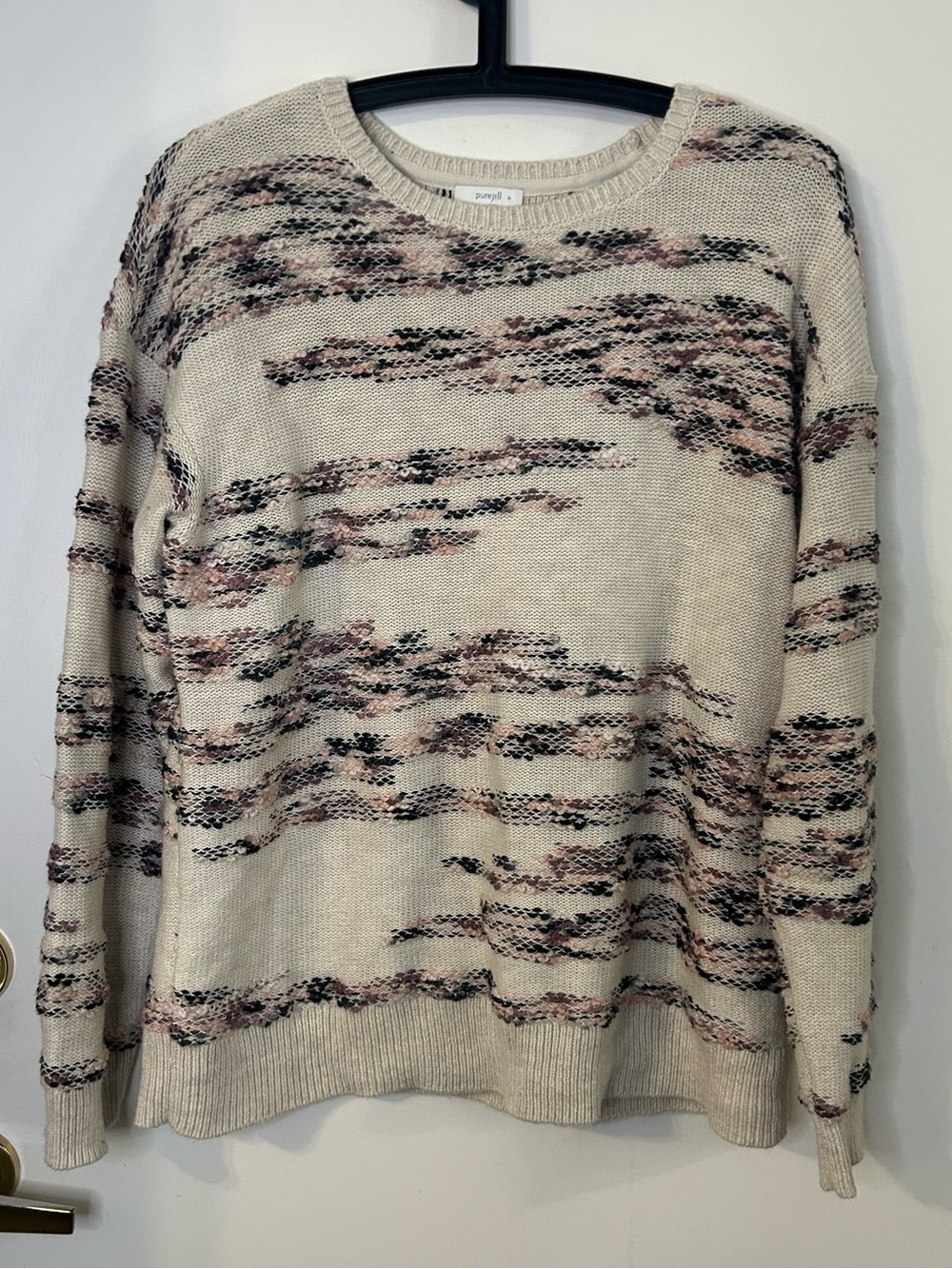 Pure Jill Women’s Cream Marled Crewneck Sweater with Blush & Charcoal Accents